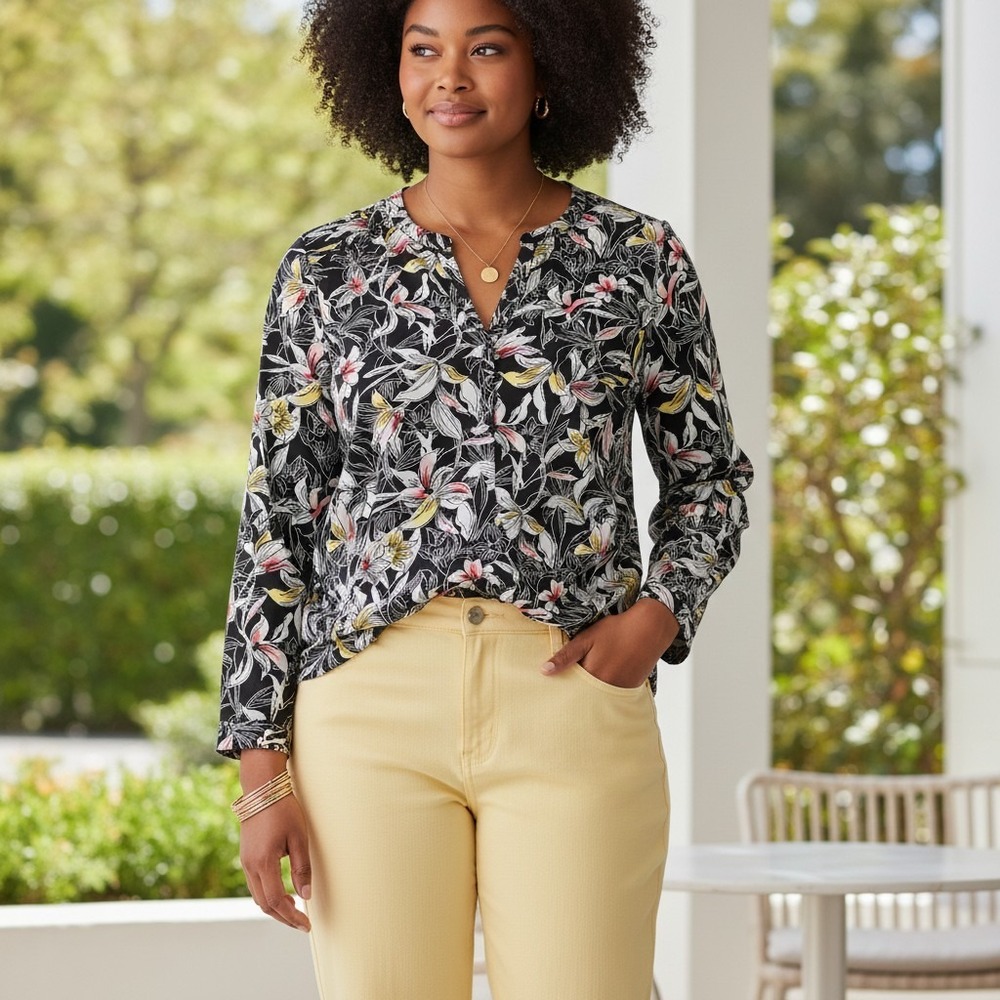 Christopher & Banks Floral Blouse Women‎ XL Black Pink Tropical Split Neck Top